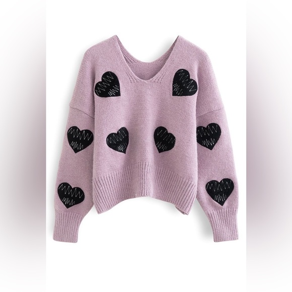 Chicwish Tops - HEARTBEAT PATCH V-NECK KNIT SWEATER IN LILAC